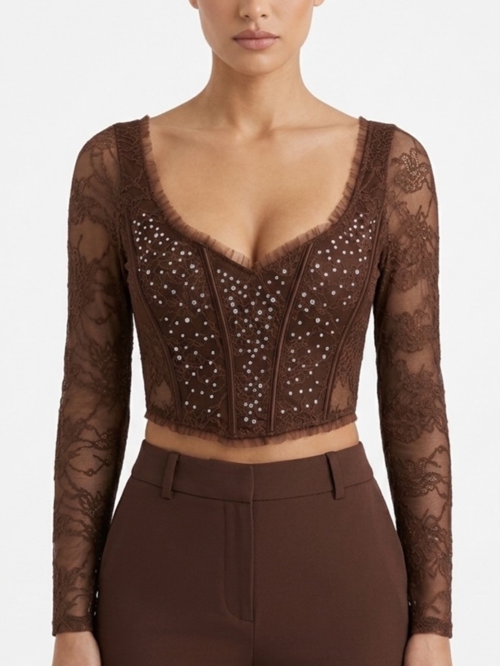 Victoria's Secret Brown Floral Lace Rhinestone Long Sleeve Corset Top Size Small